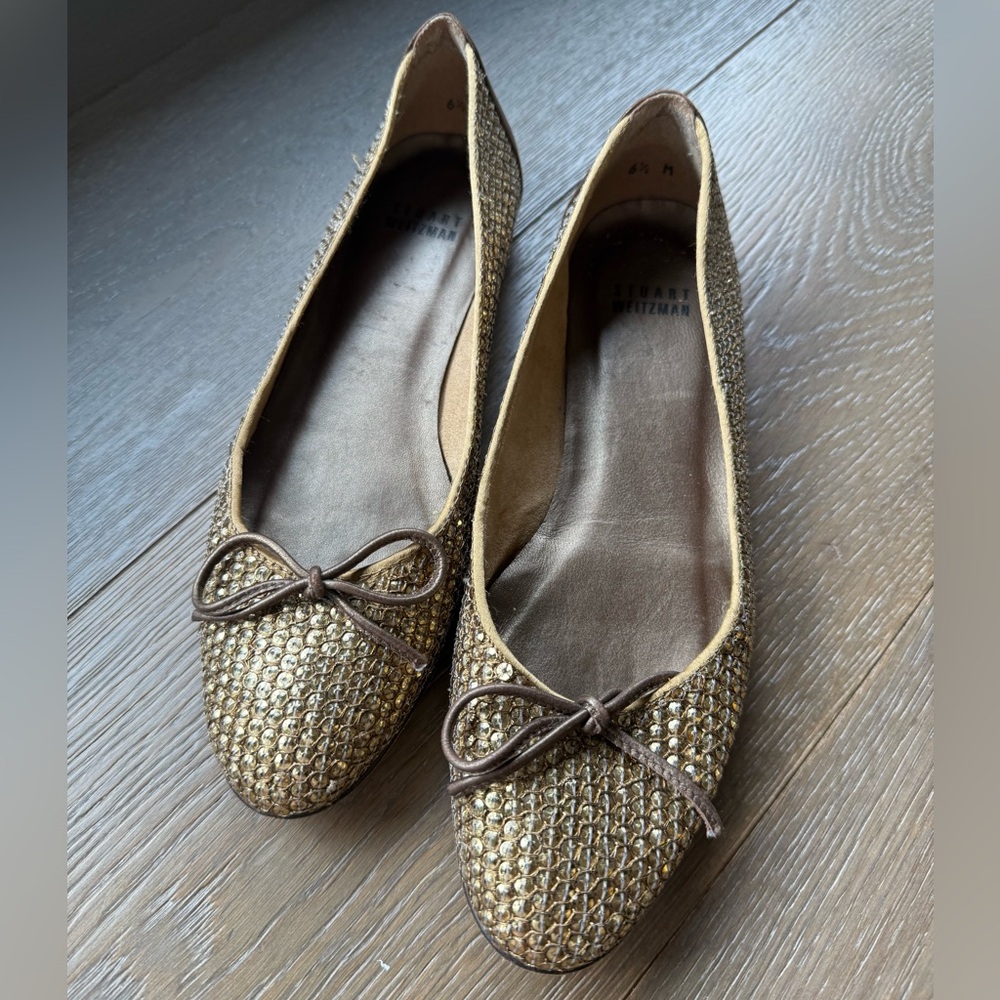Stuart Weitzman 6.5 Gold Woven Ballet Flats with Bow